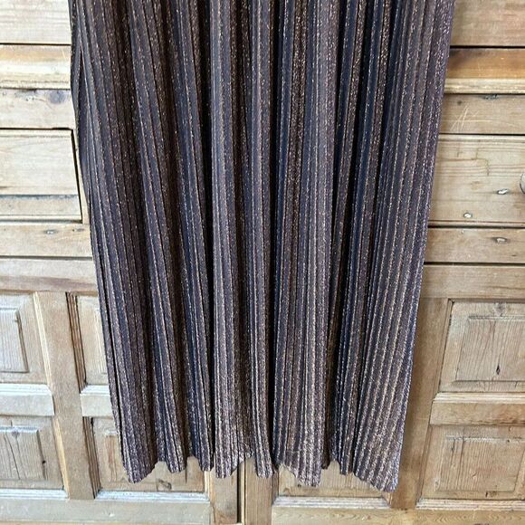 Boden 22 Regular Metallic Dress Maxi Black Gold Plus V-Neck Pleated Long Sleeve - Picture 8 of 15